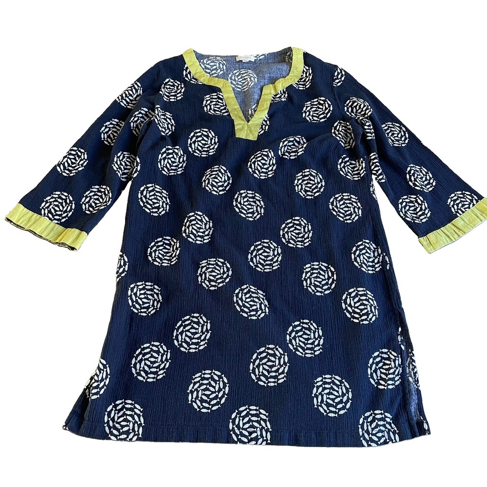 Talbots Fish Print Tunic Small Navy V Notch Lightweight 3/4 Sleeve Contrast Trim